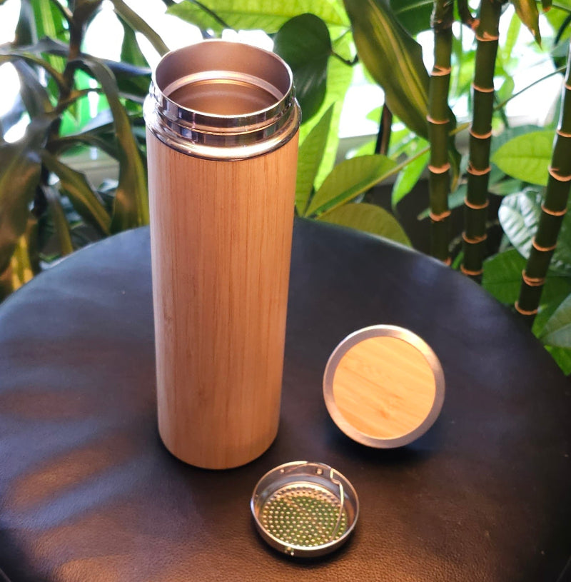 Wooden tumbler with metal lid and bamboo finish