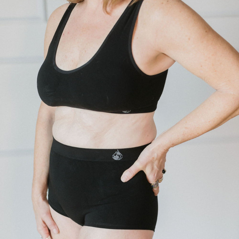 high rise bamboo brief in black with matching padded bamboo bra