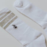 Bamboo White tall sport Socks with grey stripes and caroquilla logo