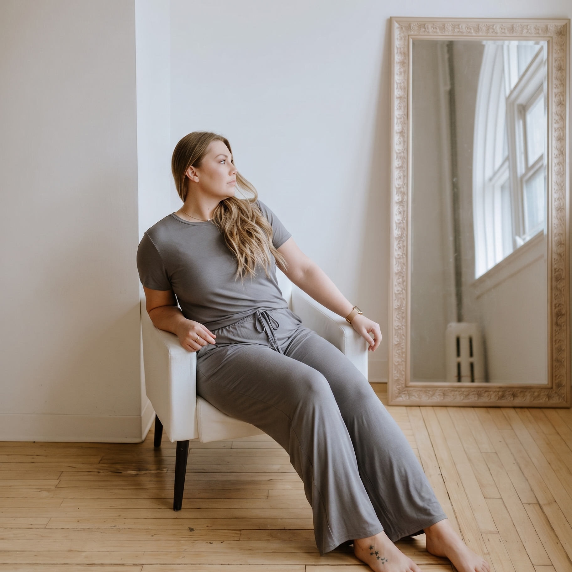 woman wearing bamboo grey pajama set