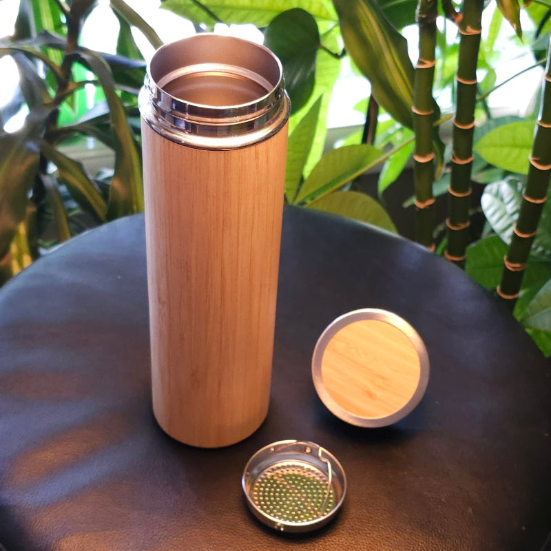 Wooden tumbler with metal lid and bamboo finish 