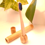 toothbrush holder doing its job holding bamboo toothrbrush 