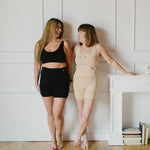 two women wearing long leg boyshort and padded bra 