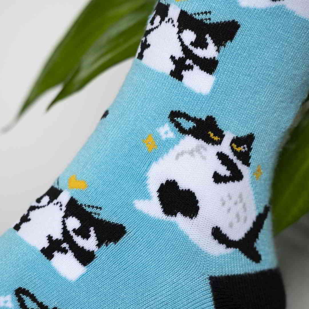 closeup of cute cat design on bamboo socks 