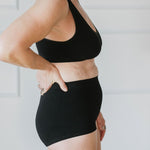 high rise brief in black paired with padded bamboo bra 