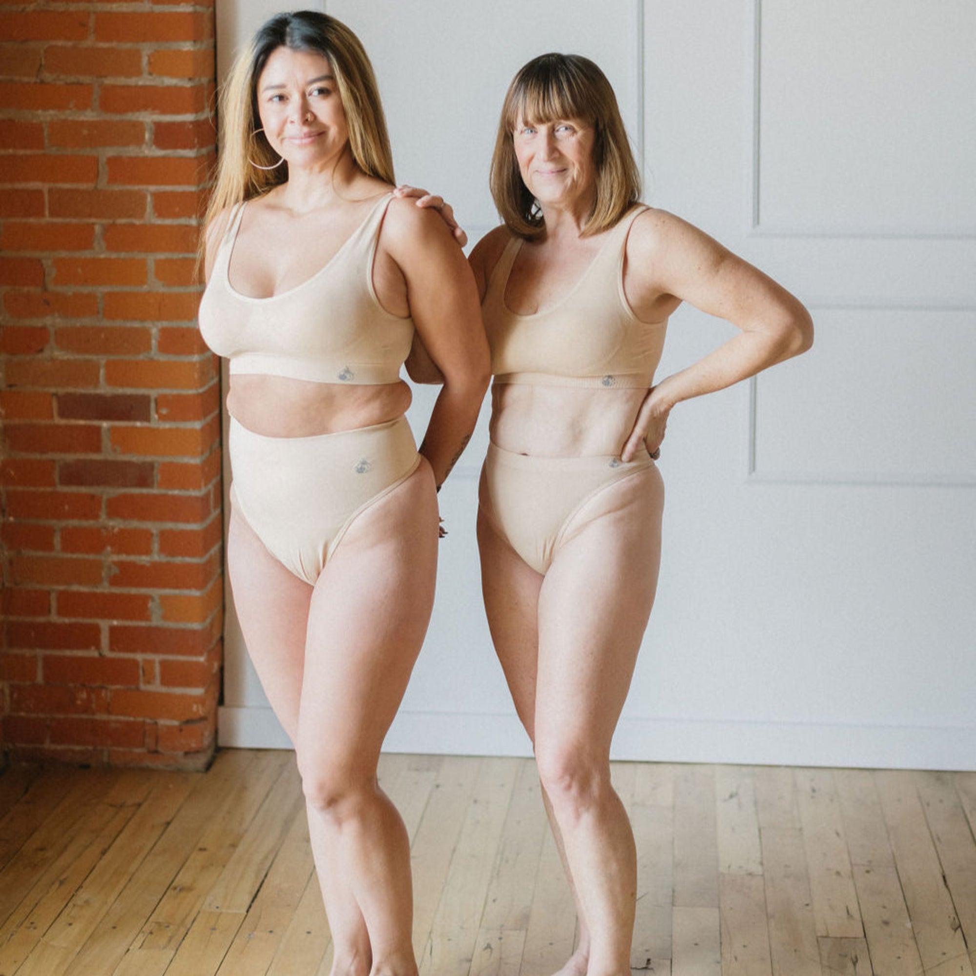 two women wearing bamboo wirefree padded bra in beige 
