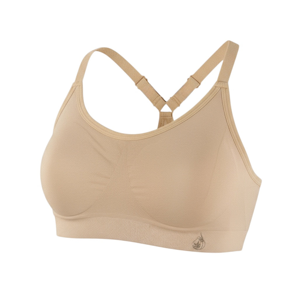 Beige bamboo racerback bra on a white background