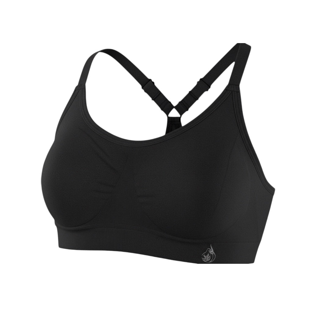 Black bamboo racerback bra with adjustable straps on a white background