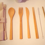 all pieces of Bamboo travel cutlery set out of travel case 