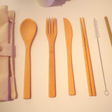 all pieces of Bamboo travel cutlery set out of travel case 