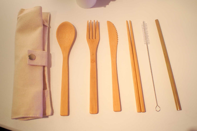 all pieces of Bamboo travel cutlery set out of travel case 