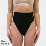 bamboo tummy hugging thong in black highlighting the high rise fit 