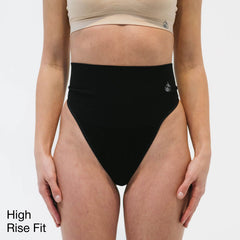 bamboo tummy hugging thong in black highlighting the high rise fit 