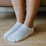 white bamboo no show sport socks being worn 
