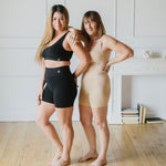 bamboo womans long leg boxers in beige and black paired with bamboo padded bra 